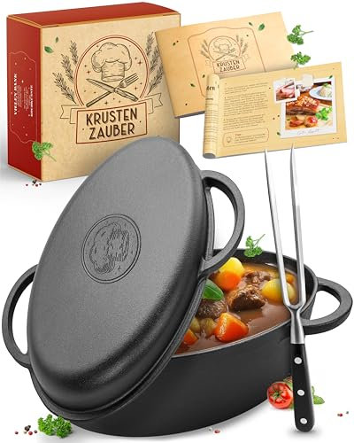 KRUSTENZAUBER 35cm Gusseisen Bräter mit Deckel backofengeeignet [inkl. Fleischgabel] - Gusseisen Topf XXL - Idealer Schmortopf Kazan, Bräter Induktion, Gusseisenpfanne backofengeeignet