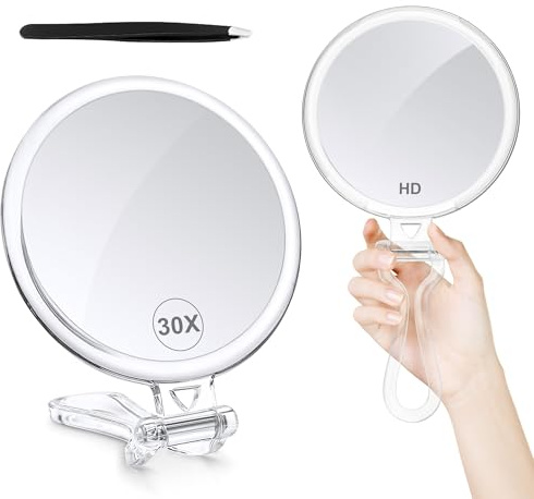 B Beauty Planet Miroir grossissant, Miroir à Main 30x avec poignée pour Miroir grossissant de Voyage, Miroir grossissant de Poche avec grossissement Double Face 30X/1x, Miroir à Main 30x pour