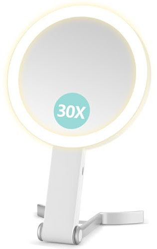 B Beauty Planet Vergrößerungsspiegel mit Licht, Doppelseitiger 30X/1X Vergrößerungsspiegel, Reise-Schminkspiegel mit 3 farbigen Lichtern, Faltbarer Makeup-Spiegel mit Tweezer, Handheld/Tabletop