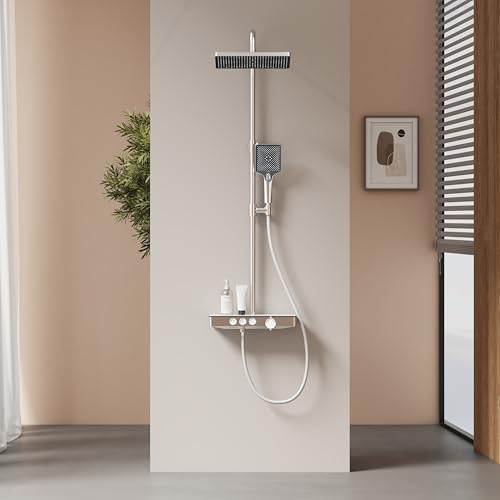 EMKE Termostat duschpelare, glashyllor 36 x 14 cm, handdusch, 3 typer av strålar, regndusch, utlopp, väggmontering, KTW-certifiering, krom