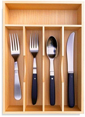 guiogc Bamboo Kitchen Drawer Silverware Organizer, 9 Inch Silverware Utensils Tray Holder for Small Drawer, Cutlery Tray, Wood Caddy for Flatware Cutlery Knives 5-Slots