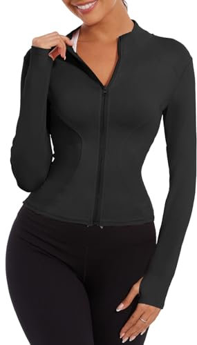 Yutdeng Laufjacke Damen Enge Sportjacke Trainingsjacke Full Zip Gym Jacke Eng Sweatjacke Langarm Yoga Jacke Jogging Running Sport Jacke Fitness Atmungsaktive Sportjacken für Damen,Schwarz,S