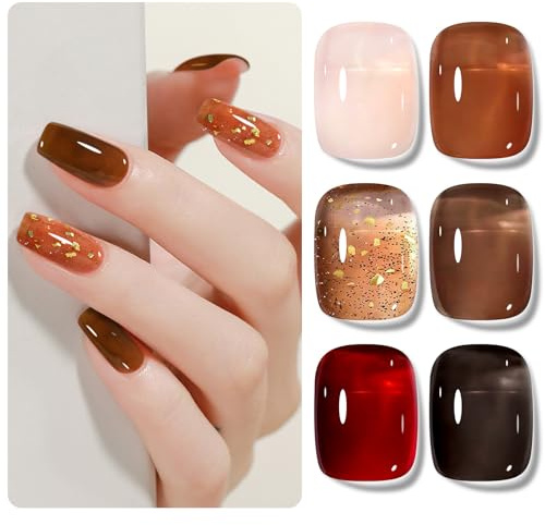 Shining She Esmaltes Semipermanentes de Uñas en Gel UV LED,6 Colores Cristal Jelly Nude Rosa Marrón Caramelo Rojo Negro Otoño Invierno Pintauñas Semipermanentes para Novato Nail Art DIY,8ML