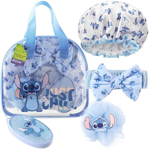 Get Trend Disney Stitch Toiletry Bag & Shower Accessories Set Women Girls, Hair Brush Shower Cap Loofah for Teens, Holiday Travel Gym, Gifts for Her (Blue Stitch)