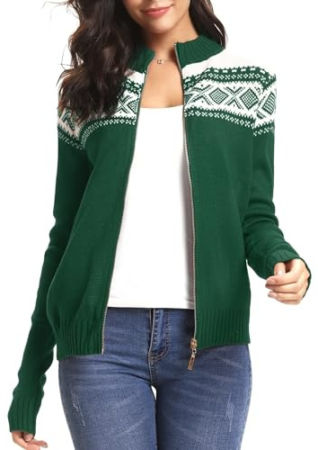 Sykooria Cardigan Invernale Donna con Zip – Maglione Caldo in Maglia Morbida, Colletto Alto e Stile Nordico Classico per Natale e Inverno, Verde L