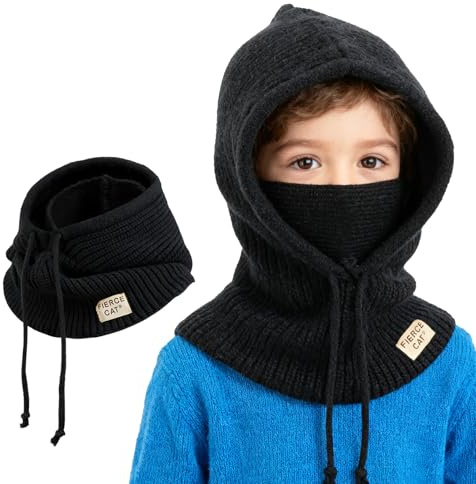 AYPOW Baby Kids Winter Warm Hat, Knitted Thermal Balaclava Ski Mask Neck Warmer Earflap With Drawstring, Adjustable Soft Windproof Hooded Scarf Hat Snood for Toddler Boys Girls Outdoor Activities