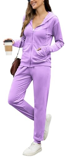 ouansyltg Velour Tracksuit Womens 2 Piece Outfits Velvet Sweatsuit Full Zip Up Hoodie Jacket Jogger Lounge Set Lilac L