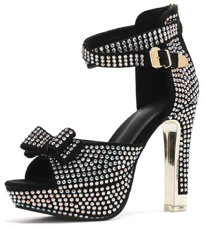 getmorebeauty Women's Rhinestone Block High Heels Sandals Open Toe Ankle Strap Zip Platform Wedding Dressy Shoes (US8 Black)
