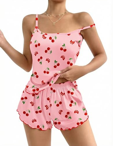 Ekouaer Pigiama Donna Estivo Corto Sexy Pigiami Fionda Canotta Stampa Senza Maniche Casual Set Volant Morbido Comodo Pigiamas, Rosa, L