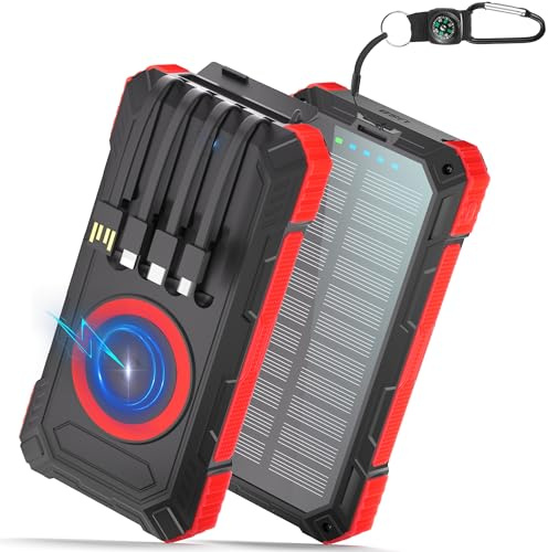 56800mAh Power Bank Solar Cargador Portátil con 4 Cables: 30W USB C Wirless Cargador Portátil Externo, Carga Rápida 6 Salidas y 3 Entradas, Linterna LED para Camping y Brújula, para Phones y tabletas