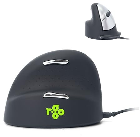 R-Go HE Ergonomische Maus Linkshandige, Für große Hand, Mit Anti-RSI-Software, Stilles Klicken, Drahtgebundenen, 2400DPI, 5 Tasten, Vertikale Ergo Maus für Windows/MacOS/Linux, Schwarz/Silber