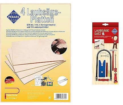 Pebaro 935 - Set Seghetto Da Traforo & 327/130-5 - Set Di 4 Tavolette Di Compensato Di Betulla Per Traforo, 12 Seghetti Inclusi