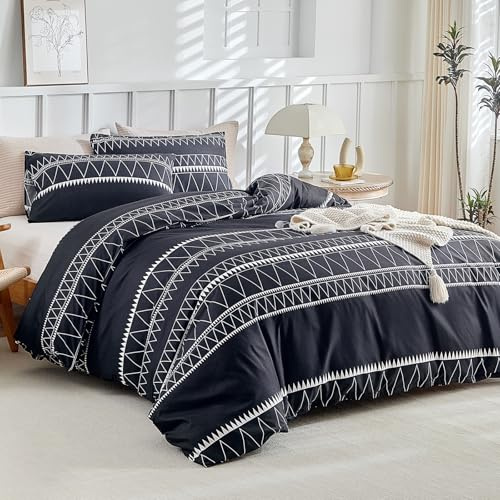 Lekesky Double Duvet Cover Set Black Bedding Set Boho Stripe Print Double Duvet Set with Zipper (1x Quilt Cover + 2x Pillowcases) Ultra-Soft Microfiber Black Bedding