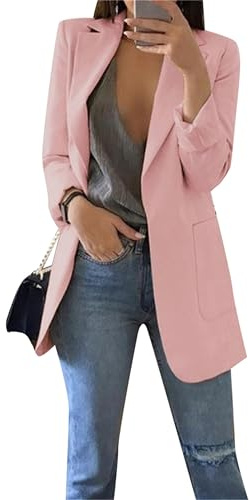 EFOFEI Femme Veste De Costume Mi-Longue Devant Ouvert Manteau Costume avec Doubles Poches Latérales Costume Simple De Couleur Pure Rose 3XL