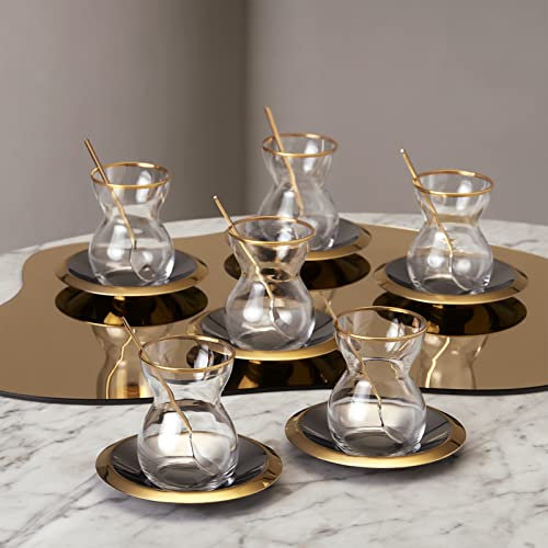 KARACA Laçin 18-Piece Tea Set for 6 People, 18-Piece Tea Set - Elegant Tea Enjoyment in Gold and White Tea Set, Turkish Tea Glasses