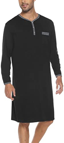 Yukiuiny Maglie Pigiama Uomo Maniche Lunghe Abbigliamento da Notte Cotone Camicie Lunghe per Dormire-A-Nero/XL
