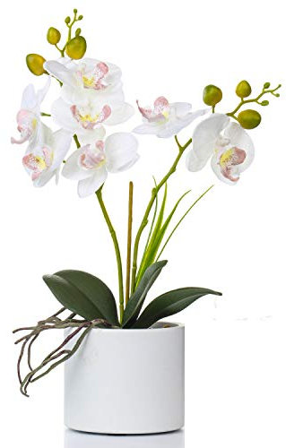 Alyphyly Artificial Flower Bonsai with Vase Vivid Orchid Flower Arrangement Phalaenopsis Flowers Pot for Home Office Décor Table Centerpiece House Decorations(Ceramic Pot/White Orchid)