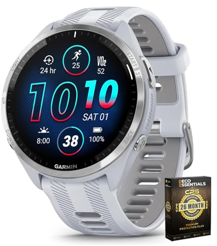 Garmin 010-02809-01 Forerunner 965 Running Smartwatch Whitestone and Powder Gray | Official USA Partner Model | Bundle with Deco Essentials Exclusive 26 Month CPS Enhanced Protection Pack