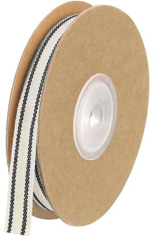 QUARKZMAN Natural Algodón Rayas Cinta 1cm x 9,1m Algodón Tela Cinta Rollo Natural con Negro Grosgrain Cinta para Regalos Envoltura DIY Manualidades Lazos Fabricación Decoración