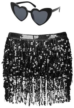 Damen Pailletten Rock Quaste Glitzerrock Hüft Pailettenrock Rave Röcke Gläser Set Fransenrock für Tanz Club Halloween Kostüm (DE/NL/SE/PL, Alphanumerisch, Einheitsgröße, Regular, Regular, Schwarz)