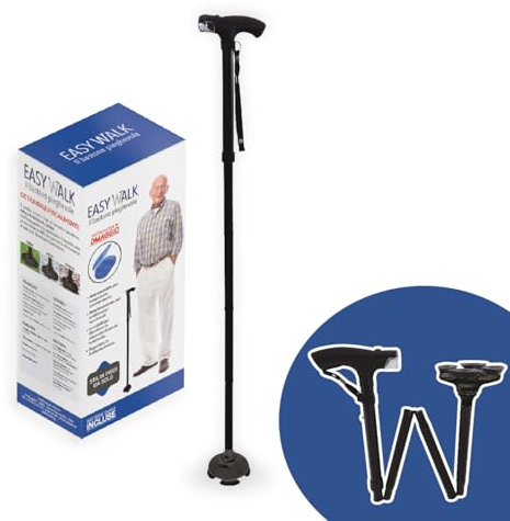 T-Tex Srl - Bastone da passeggio pieghevole con luce LED, 5 altezze regolabili, robusto, leggero, base quadrupla girevole antiscivolo, anziani e disabili, Dispositivo Medico - Detraibile Fiscalmente