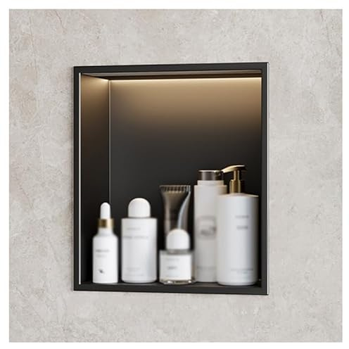 ZCFLWR Nicho de Pared de Acero Inoxidable, nicho de Ducha Empotrado con luz LED, Estante Organizador Impermeable para Almacenamiento en el baño, no Necesita Azulejos (Negro, 32 x 32 x 12,5 cm)