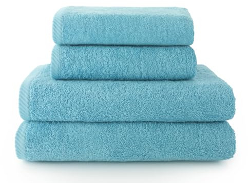 Set 4 Toallas piezas: 2 manos + 2 baño color aguamar
