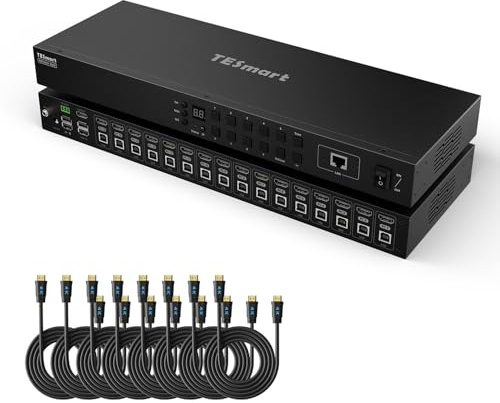 TESmart HDMI KVM Switch 16 Puertos 4K@30Hz Ultra HD, Conmutador KVM Rack para 16 PC y 1 Monitor, Gestión EDID, USB RJ45 RS232 IR LAN, Incluye 8 Cables de 1,5m, Modelo HKS1601-EB