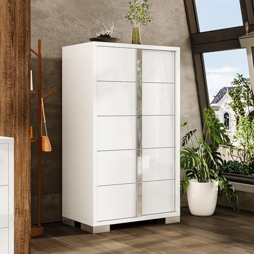LUXOAK Hochglanz Kommode mit 5 Schubladen, Moderne Schubladenschrank mit Spiegelgriffen, Weißer Aufbewahrungsschrank für Schlafzimmer, Ankleidezimmer, Wohnzimmer