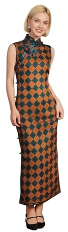 HangErFeng kvinnor doftande moln silke cheongsam ärmlös kinesisk Jacquard Qipao diamant tryck midi-klänning 3874, Orange, XXL