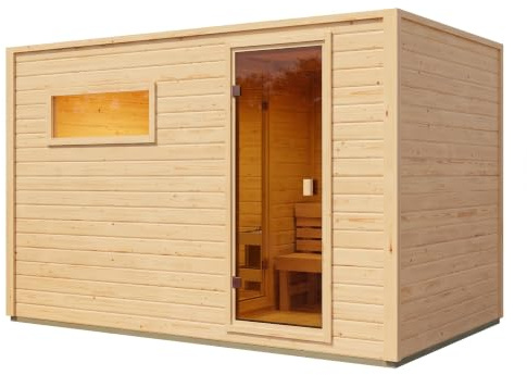 Karibu Gartensauna Lenchen 6 Natur mit Vorraum und bronzierter Ganzglastür B x T x H: 396,1 x 224,9 x 212,4 cm, inkl. 2 Liegen, ohne Saunaofen