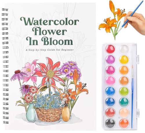 Cahier d'exercices d'aquarelle pour adultes – Grand livre de peinture à l'aquarelle de 22,9 x 27,9 cm avec 15 motifs floraux pré-tracés, 16 couleurs et guide étape par étape, livre d'art aquarelle