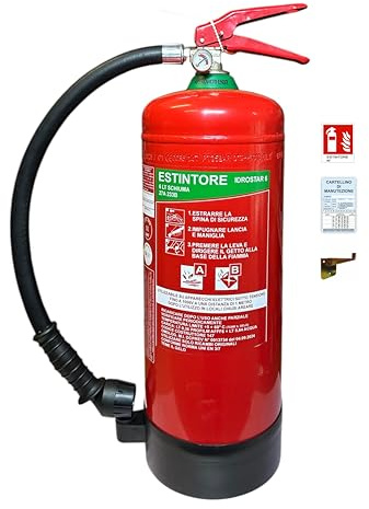 Estintore A Schiuma LT 6 2026 Omologato E Certificato Con Staffa E Cartello Pvc Adesivo Per Uffici Negozi Hotel Case Vacanze B&B UNI EN 3-7 Con Cartellino Di Manutenzione Semestrale