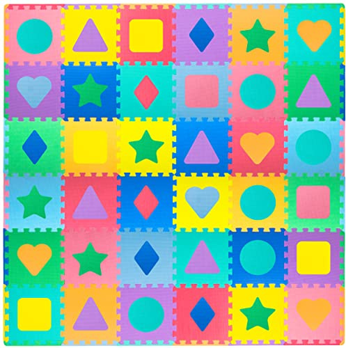 ProSource Kids Foam Puzzle Floor Play Mat with Shapes & Colors 36 Tiles, 12x12 and 24 Borders