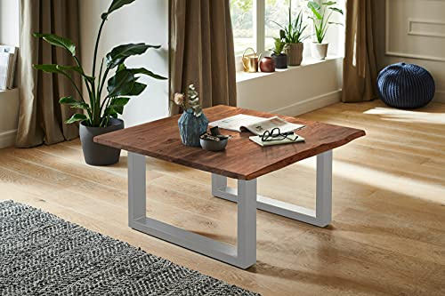 SAM Couchtisch 80 x 80 cm Quintus, echte Baumkante, massiver Beistelltisch aus Akazienholz, nussbaumfarben, Metallgestell Silber