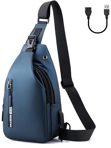 Aucuu Slingväska, bröstväska, axelväska för män med USB-laddningsport, crossbody-port för män kvinnor lätt vandring cykling camping reseryggsäck, blått, Talla única