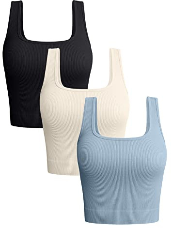 OQQ Lot de 3 Débardeur Femme Ajustée Crop Tops | Côtelé Col Carré Coupe Ajustée Style Décontracté et Sportif Basique d'Été