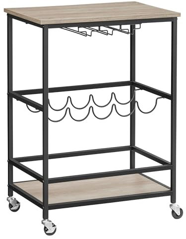 VASAGLE Servierwagen, Barwagen, Weinregal auf Rollen, Küchenwagen, Weinglashalter, Flaschenhalter, 40 x 60 x 82 cm, Industrie-Design, Greige meliert-schwarz LRC087B02