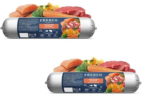 FRESCO Dog Barf Wurst Lachs und Rind mit Karotte | Doppelpack 2 x 400 g | hoher Fleischanteil 80% | natürliches Ergänzungsfutter für Hunde | Praktische Portionierung & schnittfest
