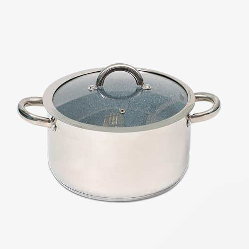 Durastone Polished Stainless Steel 5.5l Large 24cm Deep Casserole Stock Pot - Non-Stick - All Hob & Oven Compatible with Glass Lid