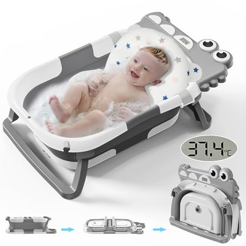 Baby Badewanne Faltbare Babybadewanne mit Thermometer, Rutschfeste Tragbare Reisedusche Badebecken Duschwanne für Neugeborene Kleinkinder, Baby Bathtub Babywanne Wanne Faltbar mit Badematte