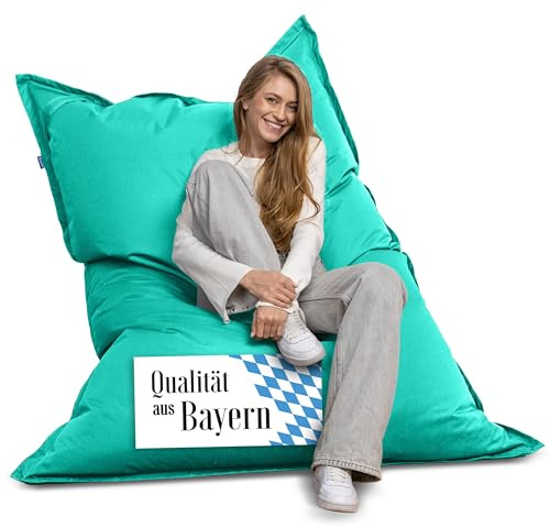 Bruni Pouf gigante Caree in turchese – Pouf rettangolare XXL con imbottitura da 140 x 180 cm e 400 l, Bean bag con fodera interna, sacco reclinabile, fodera rimovibile, per interni ed esterni, dalla