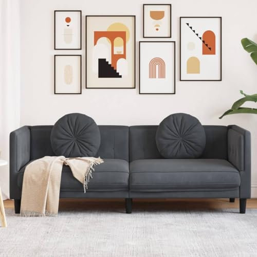 KOIECETA Sofa 3-Sitzer mit Kissen Couch Loungesofa Polstersofa Wohnzimmer Sitzmöbel Wohnzimmermöbel Dreisitzer Loveseat Dunkelgrau Samt