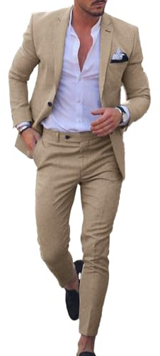 Abito da Uomo Slim Fit 2 Pezzi Abiti da Sposa con Un Bottone Giacca e Pantaloni Tuta in Lino, Cachi, M