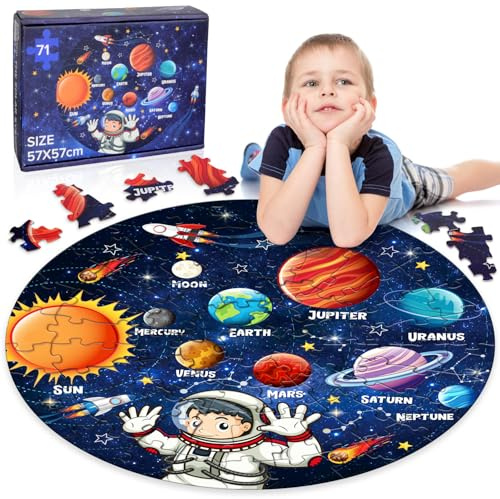 Puzzle Rond Enfant, 71 Pièces Puzzle Espace Enfant, Puzzle Grande Taille pour Enfants de 3 à 8 Ans, Jeux Éducatif Enfant, Puzzle Cadeau pour Garçons et Filles 3 4 5 6 7 8