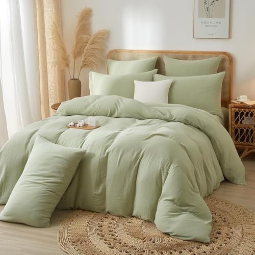 Luowei Muslin Bettwäsche 135x200 cm Baumwolle Grün Doppelte Bettwäsche Set Natürlich Atmungsaktiv Schweiß 100% Baumwolle Bettbezug für Nachtschweiß mit 1 kopfkissenbezug 80x80cm