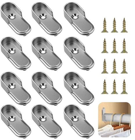 Soporte para barra de ropa, 12 unidades, ovalado con tornillos, color plateado, soporte de barra de metal para barra ovalada, acero niquelado