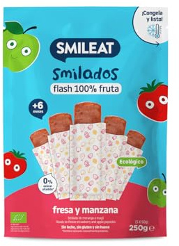 Smileat - Smilados de Frutas Ecológicas - Flash de Fresa y Manzana - Sin Azúcar Añadido, Sin Gluten - Flash para Congelar - Para Peques 6+ Meses - 5x50g (250gr)