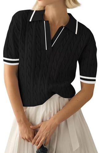 LACOZY Women's Short Sleeve Sweater Tops 2025 Summer Fall Trendy V Neck Casual Shirts Preppy Polo Blouses Black 2XL