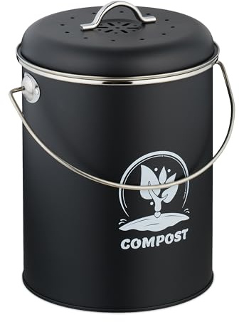 Relaxdays 5 Compostera Cocina 5,5 L, Cubo Compostaje Pequeño, Basura Orgánica, con Tapa y Filtro Olores, Metal, Negro